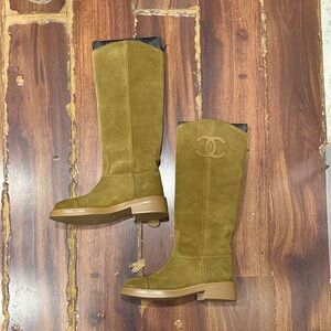 CHANEL Olive Suede Tall Boots